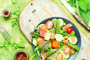 Mixed green salad with salted salmon