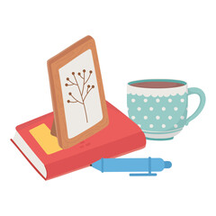 sweet home picture frame book pen and coffee cup