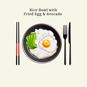 Delicious rice bowl with fried egg and avocado vector illustration from top view  on white background, restaurant menu design vector