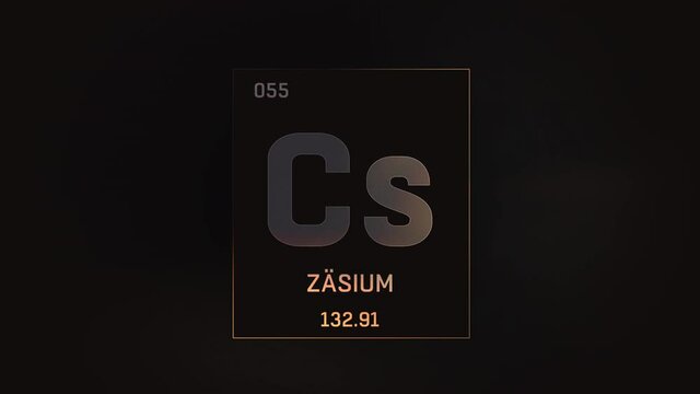 Cesium as Element 55 of the Periodic Table. Seamlessly looping 3D animation on grey illuminated atom design background orbiting electrons name, atomic weight element number in German language