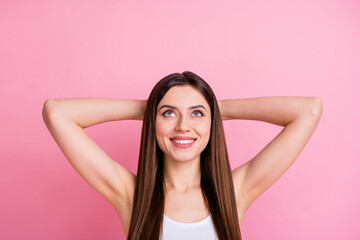 Fototapeta premium Close-up portrait of her she nice attractive lovely pretty cute dreamy confident charming cheerful cheery straight-haired girl resting looking up isolated over pink pastel color background