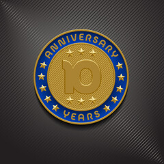 10 years anniversary vector logo, icon. Graphic symbol with golden medal