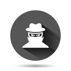 Fraud hacker icon in flat style. Spy vector illustration on black round background with long shadow. Cyber defend circle button business concept.