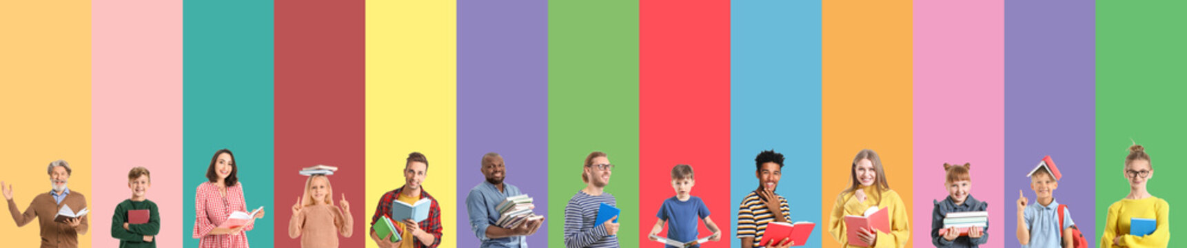 Different People With Books On Colorful Background