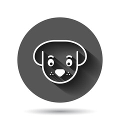 Dog head icon in flat style. Cute pet vector illustration on black round background with long shadow effect. Animal circle button business concept.