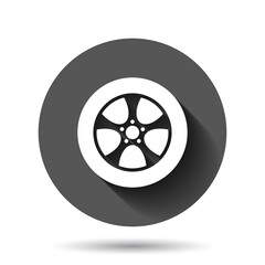 Car wheel icon in flat style. Vehicle part vector illustration on black round background with long shadow effect. Tyre circle button business concept.