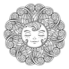 Black and white ornamental sun coloring page.