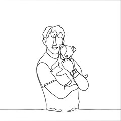 A man holds a puppy and smiles. A dog lover holds his pet in his arms. One continuous line drawing of a dog lover with a puppy. Can be used for animation.