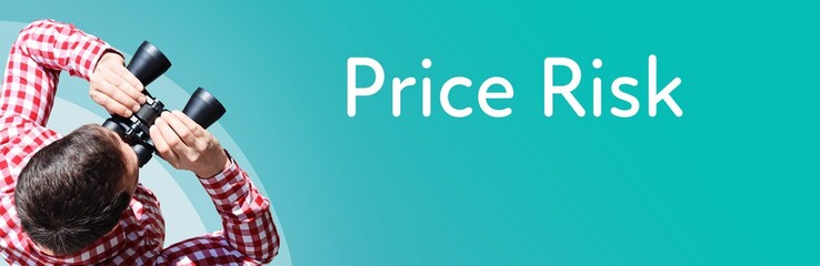 Fototapeta premium Price Risk. Businessman (man) looks through binoculars. Birds eye view. Focus on text. Blue Background. Business, Finance, Statistics, Analysis, Economy
