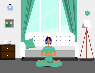 Asian girl doing yoga at home, doing namaste, taking off in lotus position, meditating at home, modern living room design, covid, stock vector illustration