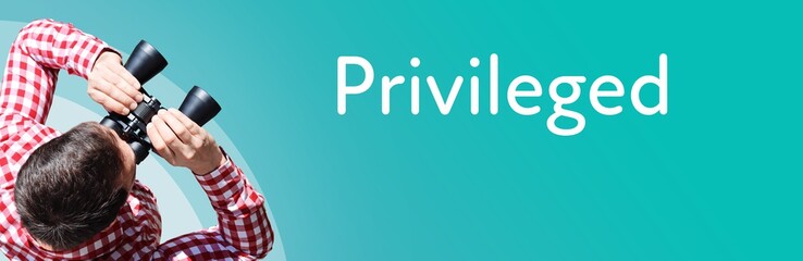 Naklejka premium Privileged. Businessman (man) looks through binoculars. Birds eye view. Focus on text. Blue Background. Business, Finance, Statistics, Analysis, Economy