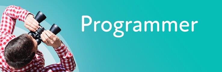 Naklejka premium Programmer. Businessman (man) looks through binoculars. Birds eye view. Focus on text. Blue Background. Business, Finance, Statistics, Analysis, Economy
