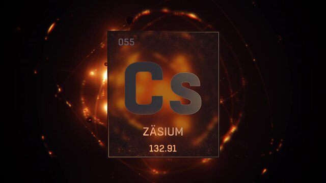 Cesium as Element 55 of the Periodic Table. Seamlessly looping 3D animation on orange illuminated atom design background orbiting electrons name, atomic weight element number in German language