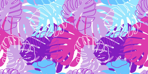Naklejka premium Floral botanic seamless pattern border. Tropical leaves background. Bright summer vector illustration. hand drawn Monstera leaves nature border.Isolated. fashion arrangements.