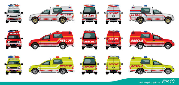 VECTOR EPS10 - rescue pickup truck template, white type, red type, green-yellow and lowrider type, have a different design of back door,
isolated on white background.