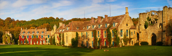 Panoramic view of Abbaye des Vaux-de-Cernay, France - obrazy, fototapety, plakaty