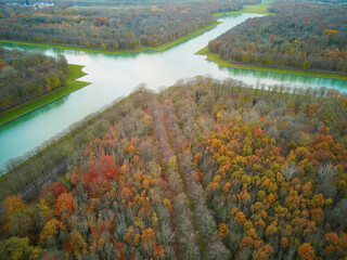 Aerial view of Grand Canal in the Gardens of Versailles near Paris, France