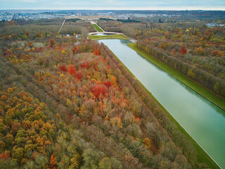 Aerial view of Grand Canal in the Gardens of Versailles near Paris, France
