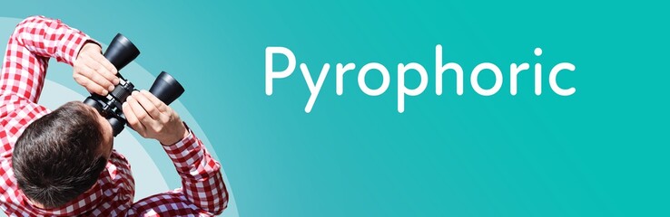 Naklejka premium Pyrophoric. Businessman (man) looks through binoculars. Birds eye view. Focus on text. Blue Background. Business, Finance, Statistics, Analysis, Economy