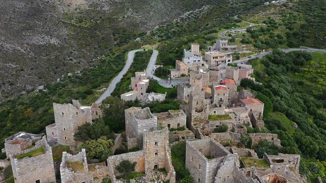 Greece Vatheia village. Architectural and historical old traditional abandoned tower houses in Vathia on Mani Peninsula. Laconia Peloponnese Europe.