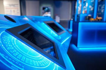 A close-up of the self-service machine monitor. Control center. Technological production, military...