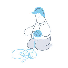 The guy collects the thread in a ball. Knitting, solving psychological problems, resolving a problem situation. Flat line clean vector illustration on white. 