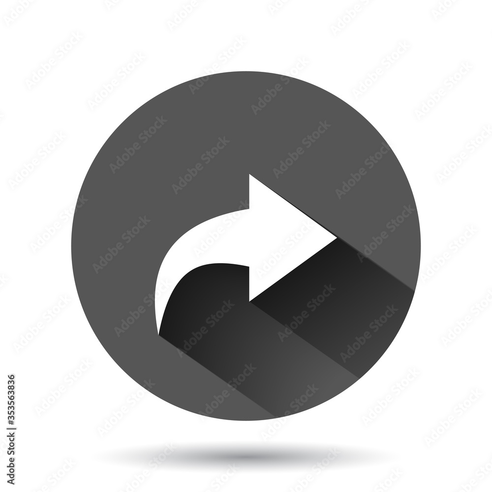 Poster share button icon in flat style. arrow sign vector illustration on black round background with long 