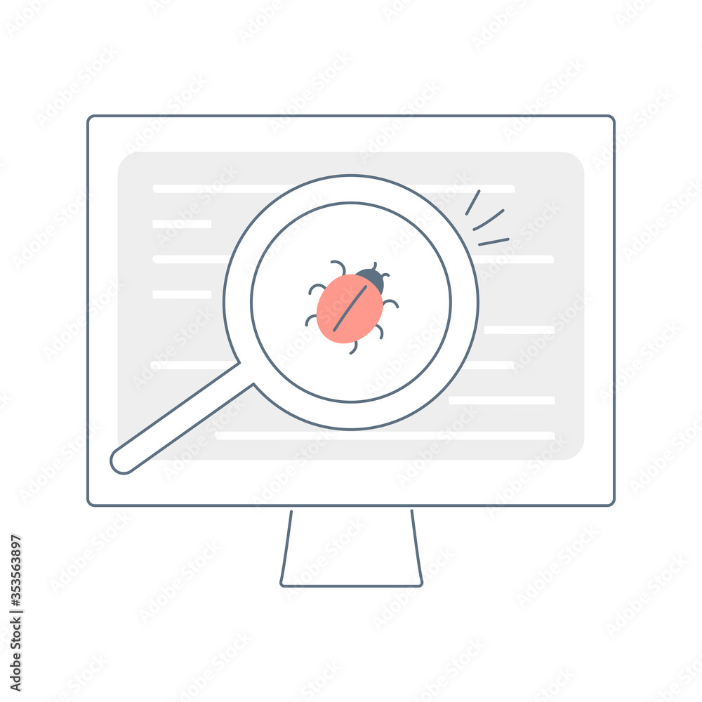 Aufkleber qa, search for bugs in a program or site, magnifying glass over the browser window in the computer. 