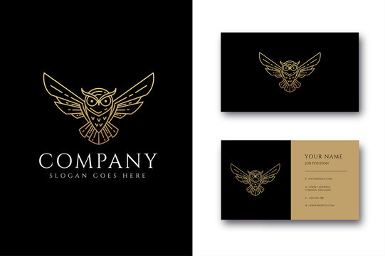 Flying Owl Logo Icon And Business Card Template With Line Art Logo Style