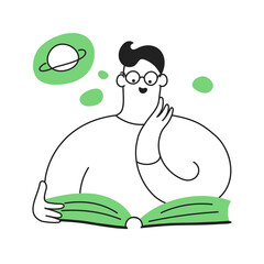Cute cartoon guy with glasses reading the book. Above his head is a cloud of thoughts and fantasies. Education, learning, search for the information, concept. Cute line cartoon vector illustration.