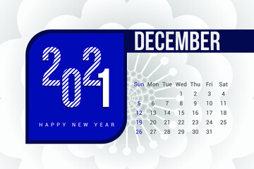 December 2021 Calendar Template Design with white Background. Week starts on Sunday. Calendar 2021 template Design Vector.