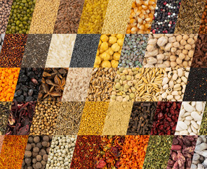 Collection of aromatic spices and condiments, collage background, patchwork