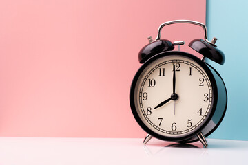 Black vintage alarm clock on pink and light blue pastel two tone color background.