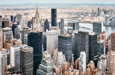 Fototapety  Widok z lotu ptaka na panoramę Manhattanu, zastosowane tonowanie kolorów, Nowy Jork, USA.
