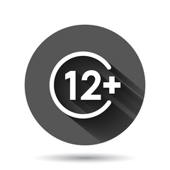 Twelve plus icon in flat style. 12+ vector illustration on black round background with long shadow effect. Censored circle button business concept.