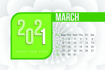 March 2021 Calendar Template Design with white Background. Week starts on Sunday. Calendar 2021 template Design Vector.