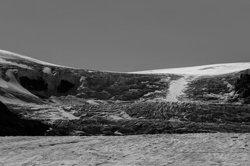 Closeup of Athabasca Glacier Sérac zone at Columbia Icefield Parkway in Jasper National Park, Canada (b/w)
