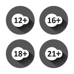 12, 16, 18, 21 plus icon in flat style. Censorship vector illustration on black round background with long shadow effect. Censored circle button business concept.