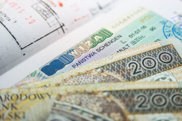 Polish visa and Polish money in the passport