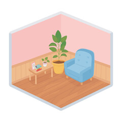 sweet home armchair table books and plant decoration isometric isolated design