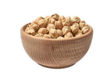 Ciecierzyca w drewnianej misce, wyizolowane białe tło