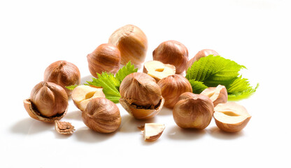 Group whole and halves of hazelnuts  with leaves on white background. Isolated