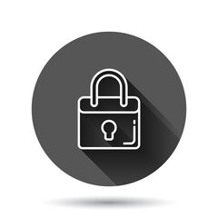 Locker icon in flat style. Padlock password vector illustration on black round background with long shadow effect. Key unlock circle button business concept.