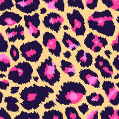 Trendy leopard seamless pattern. Abstract wild animal leo skin, yellow pink cheetah texture for fashion print design, fabric, textile, wrapping paper, background, wallpaper. Vector illustration