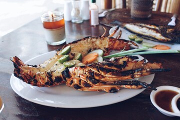 Fresh grilled lobster served at a seafood restaurant