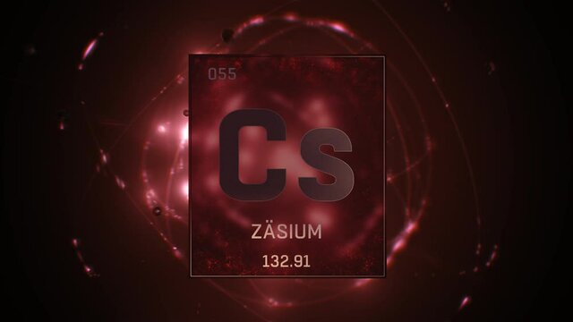Cesium as Element 55 of the Periodic Table. Seamlessly looping 3D animation on red illuminated atom design background orbiting electrons name, atomic weight element number in German language