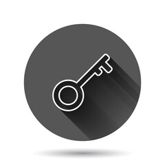 Key icon in flat style. Password vector illustration on black round background with long shadow effect. Access circle button business concept.