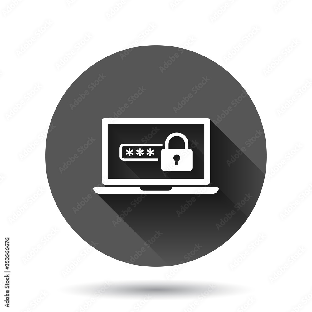 Poster laptop with password icon in flat style. computer access vector illustration on black round backgrou