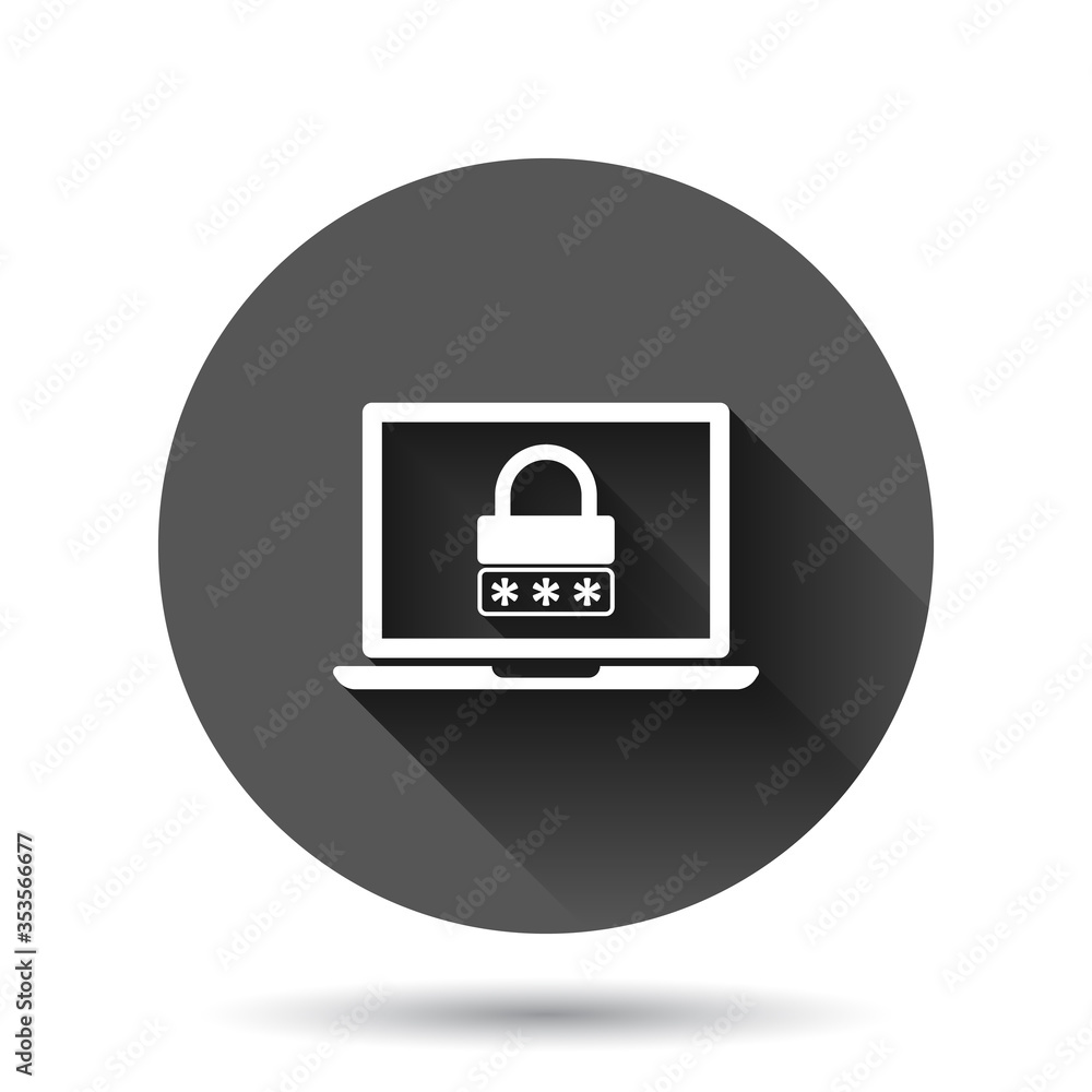 Poster laptop with password icon in flat style. computer access vector illustration on black round backgrou