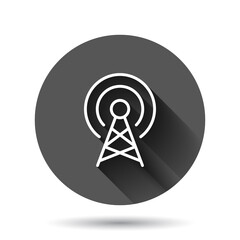 Antenna tower icon in flat style. Broadcasting vector illustration on black round background with long shadow effect. Wifi circle button business concept.